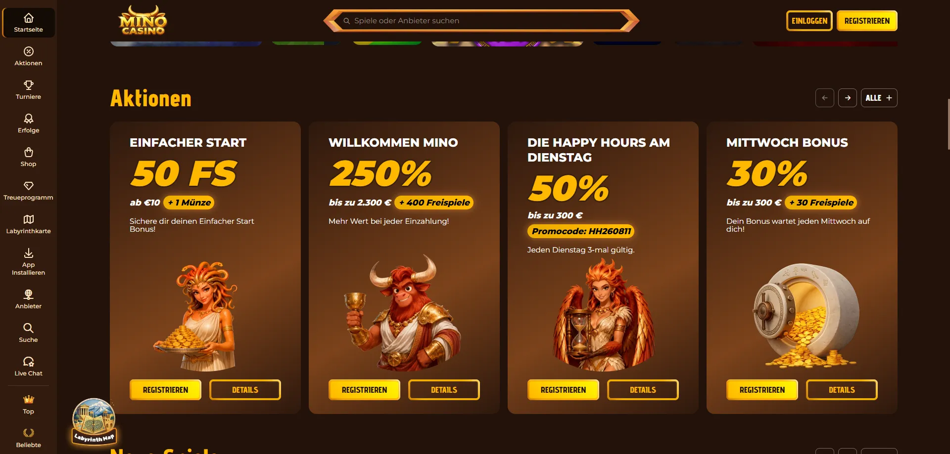 Mino Casino Willkommensbonus bis zu &euro;4750 und Freispiele