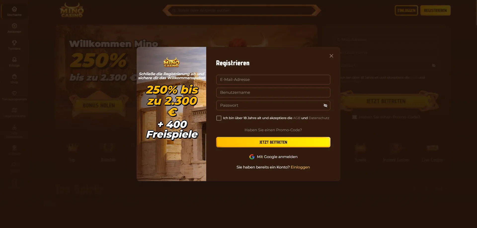 Mino Casino Willkommensbonus bei der ersten Einzahlung aktivieren